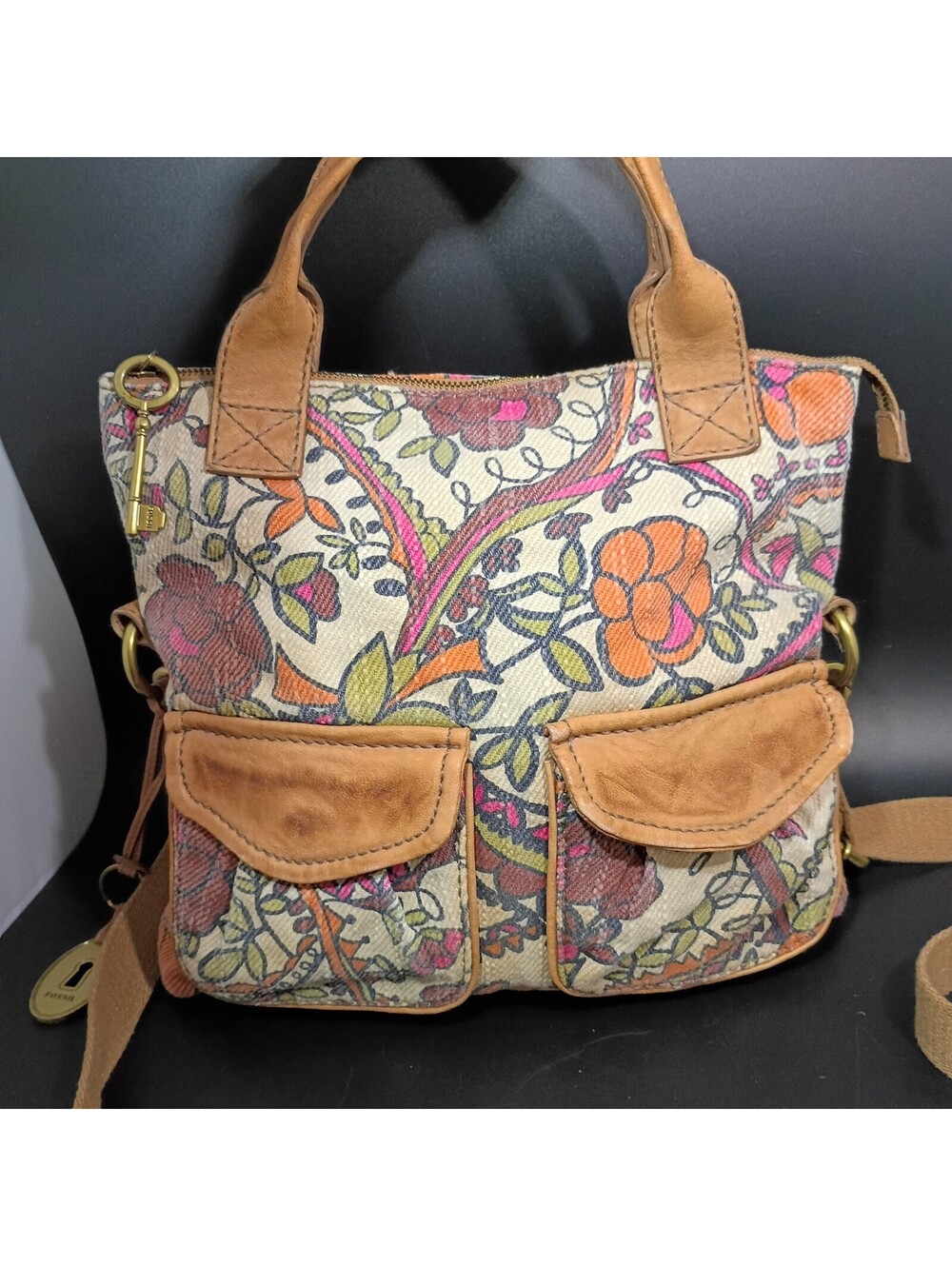 Fossil Leather Hobo Bucket Bag Boho Messenger Crossbody Tote Hippie Flowers